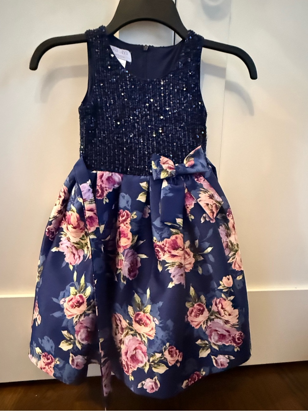 iris & ivy Navy Sequin Bodice Floral Skirt Girls Dress
